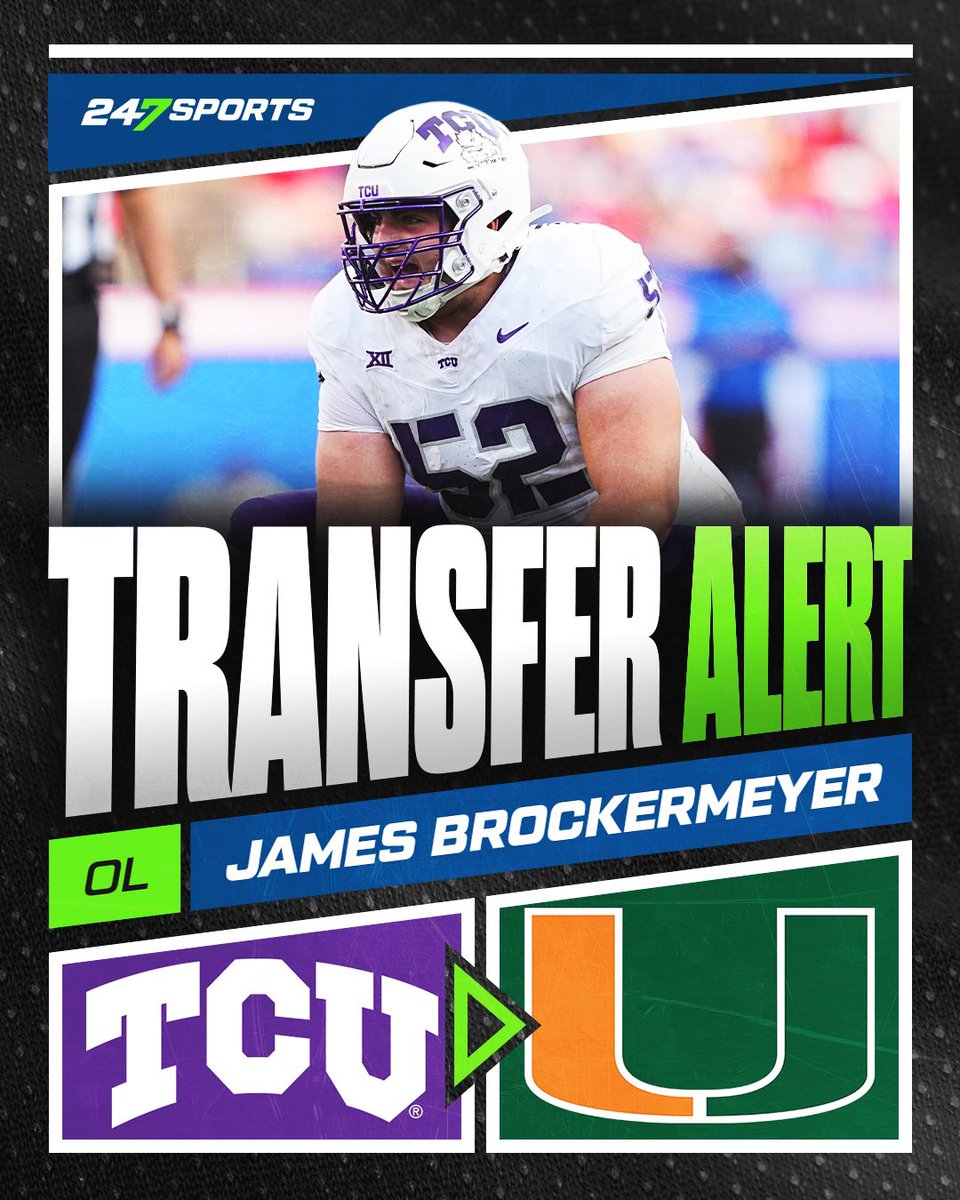 BREAKING: Former TCU C James Brockermeyer will transfer to Miami after starting 12 games for the Horned Frogs in 2024.

The 6-3.5, 300-pounder allowed just one sack in 804 snaps this past season.

247sports.com/college/miami/…