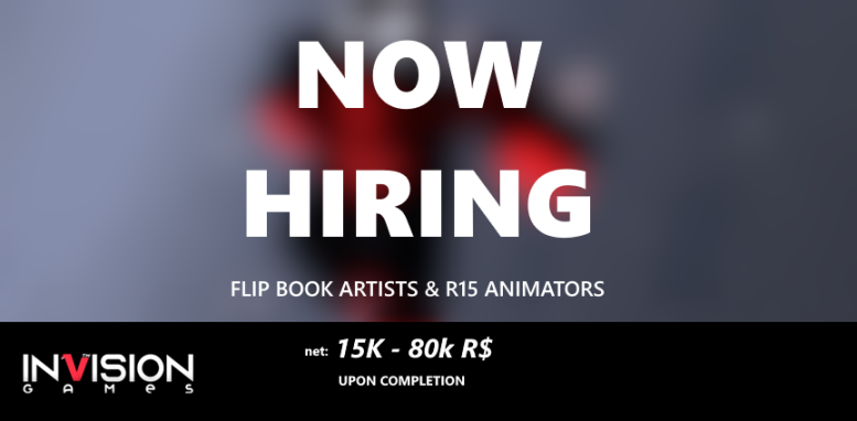 📢We are now hiring Flip-Book artists as well as R15 Animators!

You must be at least 15 years old with experience!
Contact a team member via Discord or Email if you're interested!

#Roblox #RobloxDev #Hiring