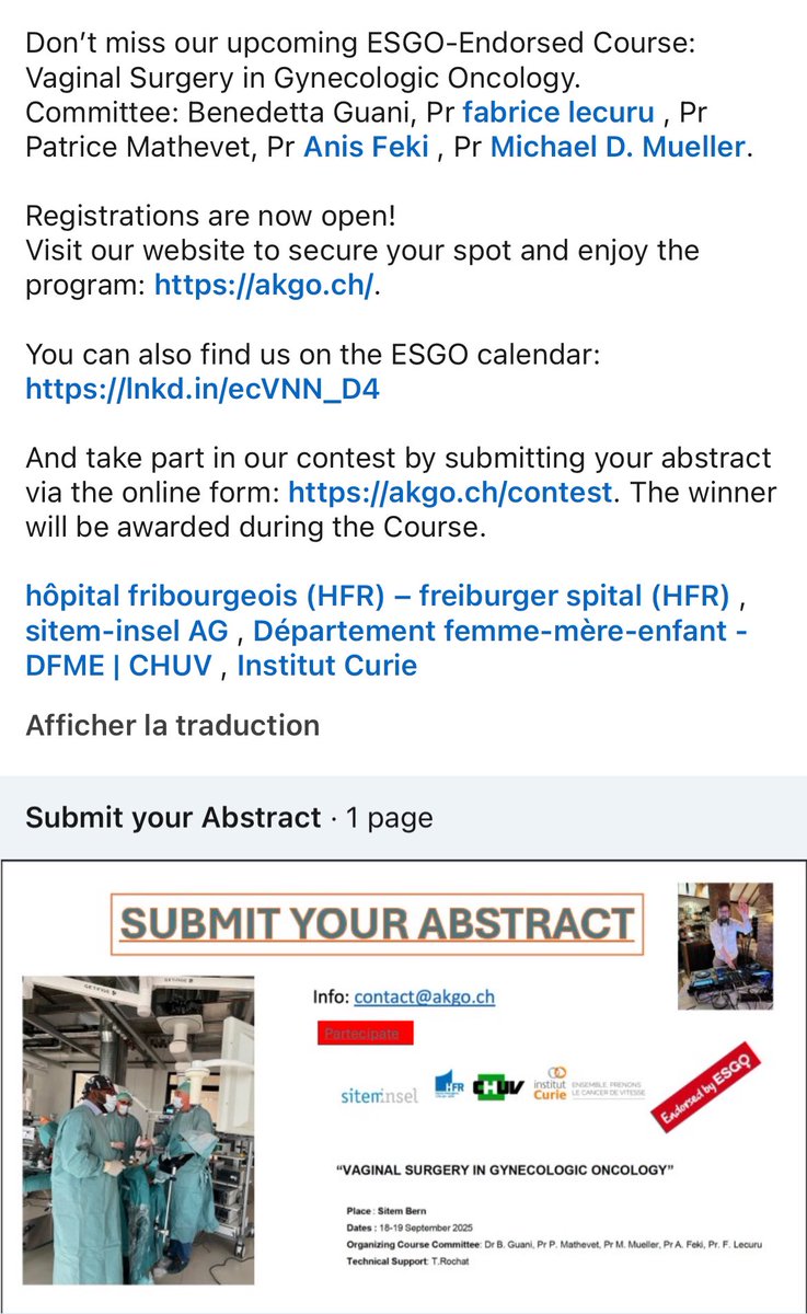 18-19.09.2025, Bern.
ESGO-endorsed Course: Vaginal Surgery in Gynecologic Oncology. 
Workshops with silicon models and cadavers.

Registrations: akgo.ch
<a href="/ESGO_society/">ESGO</a> , <a href="/ENYGO_official/">European Network of Young Gynae Oncologists</a> , <a href="/OncoAlert/">OncoAlert</a>