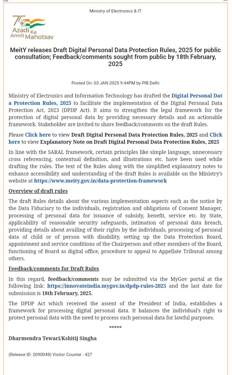 thbharatcurrent's tweet image. #INDIA |#MeitY releases #DraftRules for #Digital #PersonalData #Protection Act; seeks feedback/comments from stakeholders

Details in🧵

@GoI_MeitY releases Draft Digital Personal Data Protection Rules, 2025 for public consultation; Feedback/comments sought from public by…