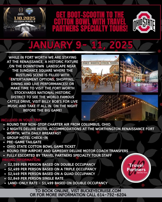 Join the Buckeyes in Texas with round-trip charter, two nights at the Worthington Renaissance in Fort Worth, a pre-game tailgate, tickets to the Cotton Bowl and more!

🏈🎉🙌🏈

buckeyecruise.com/online-forms/c…