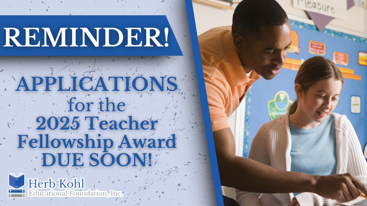 Herb Kohl Educational Foundation (@hkedfoundation) on Twitter photo Reminder for Kohl Teacher Fellowship Nominees: The deadline to submit your final application is fast approaching! Be sure to get yours in by 5:00pm on Tuesday, January 7. Don’t miss this opportunity to be recognized for your incredible work! ✨🏅
kohleducation.org/teacherfellows… Reminder for Kohl Teacher Fellowship Nominees: The deadline to submit your final application is fast approaching! Be sure to get yours in by 5:00pm on Tuesday, January 7. Don’t miss this opportunity to be recognized for your incredible work! ✨🏅
kohleducation.org/teacherfellows…