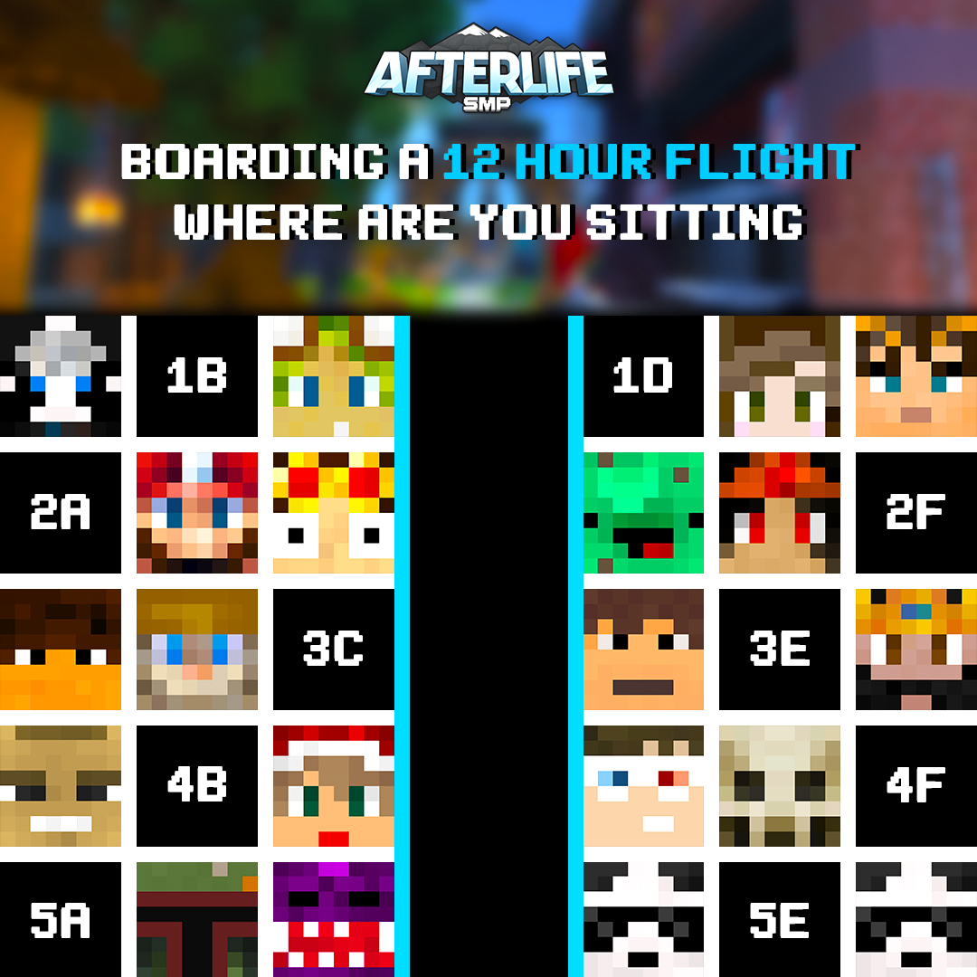 🔊 Boarding call for AfterLife Airlines flight 1221! It’s a 12-hour flight with the AfterLife crew. Where will you sit? Choose wisely as you may be surrounded by laughs, snacks, yappin, snoozin, or mischief! Let us know your seat! ✈️

#Minecraft #MinecraftSMP #MinecraftServer