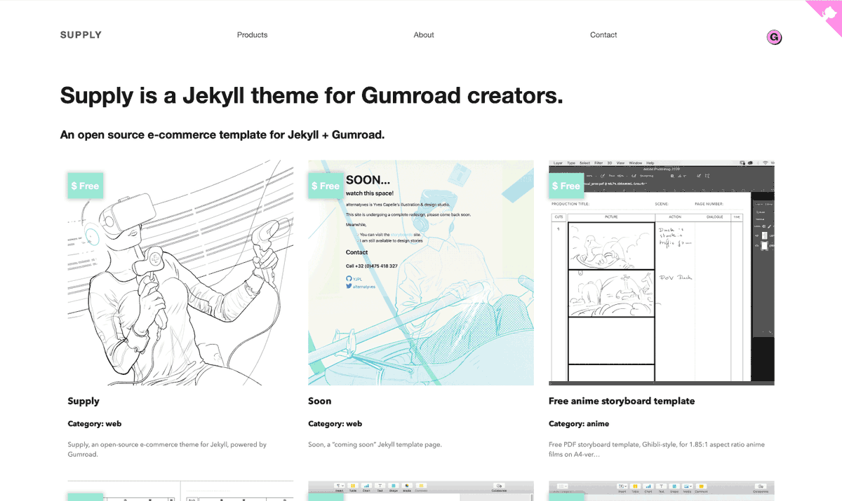 TemplatesSupply's tweet photo. An open source e-commerce template for Jekyll @jekyllrb + Gumroad @gumroad . 

💻🛍️✨💸

https://t.co/euafQstXNt https://t.co/pqvYznElw8