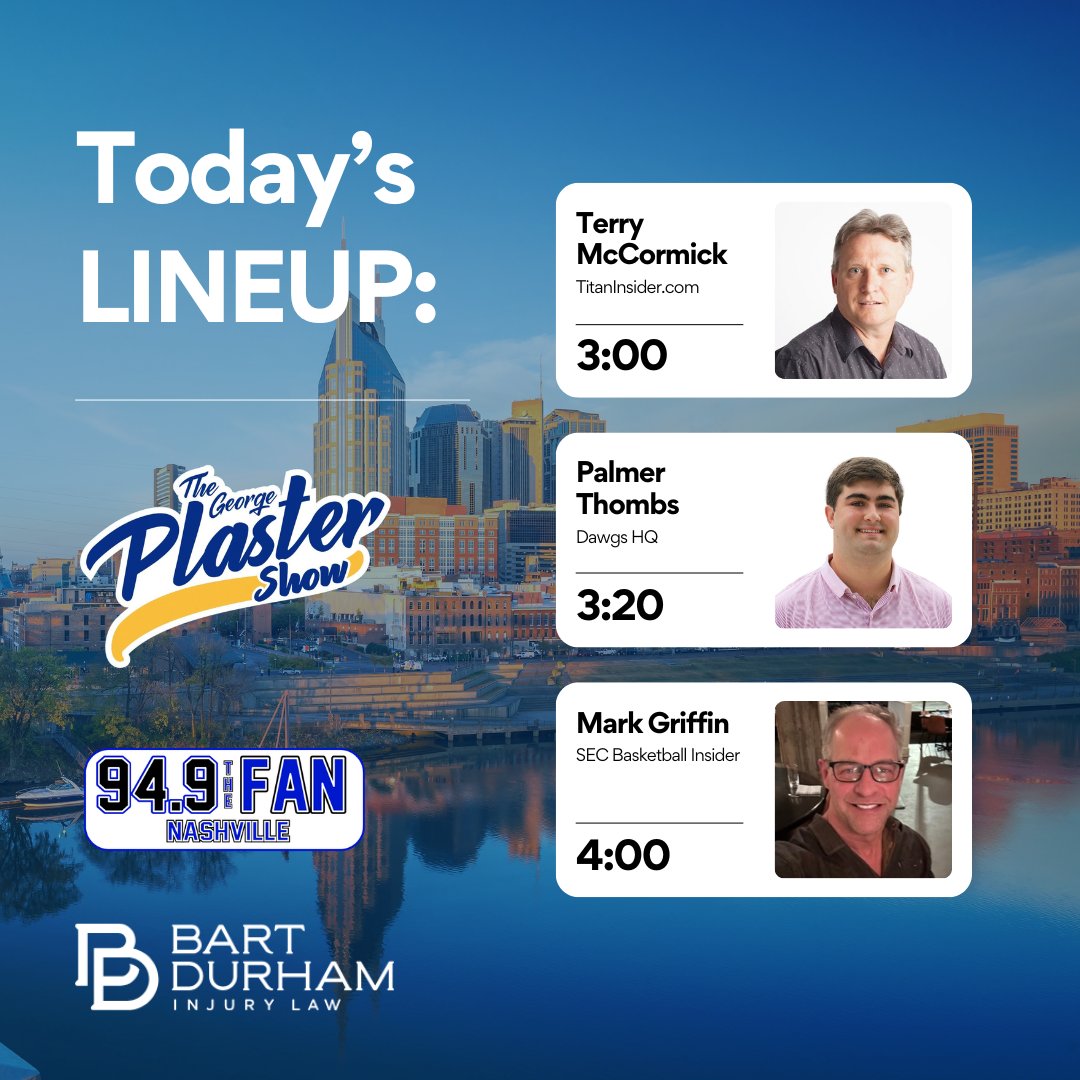 georgeplastertn's tweet photo. On today's @ThePlasterShow:

3:00 - @terrymc13 
3:20 - @palmerthombs 
4:00 - @MarkGriffinVOL 

Listen: @949theFan 
Watch: https://t.co/uiRCO6StSv https://t.co/458JDJi8XT
