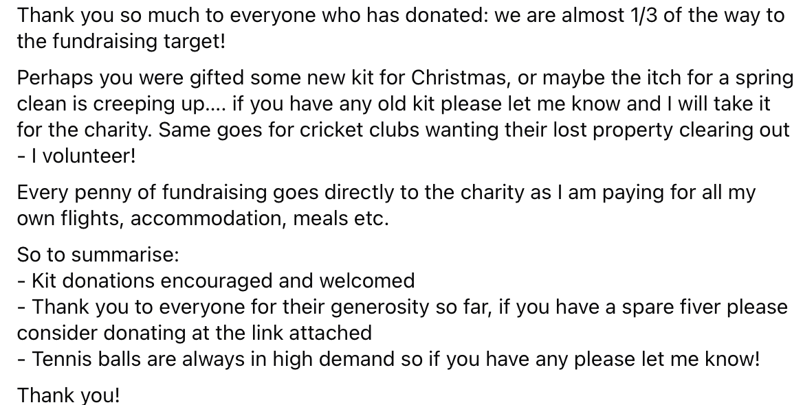 UK Based Cricketers - I want your old kit!!
CLUBS: Got a lost property cupboard in desperate need of a clear-out?
PLAYERS/COACHES/FAMILY: Got old kit sitting in the shed? Recently been gifted some new stuff for Christmas?
Please consider donating to CWB!
 donate.giveasyoulive.com/fundraising/an…