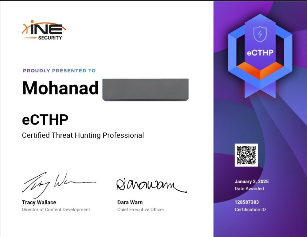 MUOHNED_'s tweet image. الحمد لله أولاً وأخيراً 🙏❤️
I’m happy to share that I’ve obtained a certification #eCTHPv2 from @INE.  
  
It is great to start 2025 with this and someone is back to hunting!  
#ThreatHunting #CyberSecurity #eCTHP