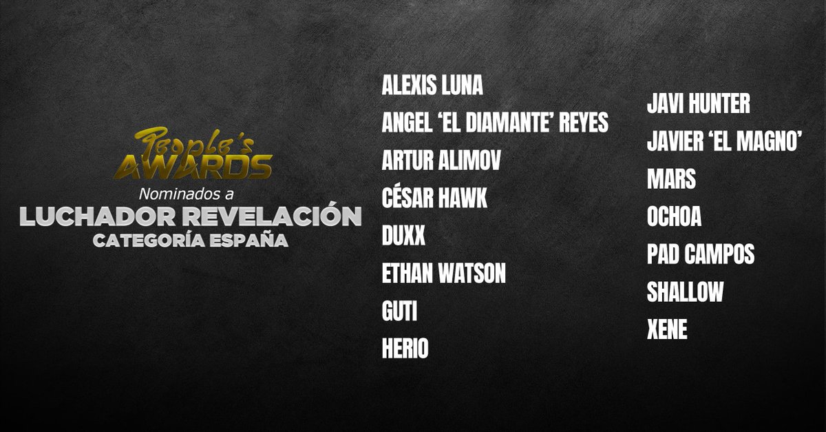 🏆 NOMINADOS THW AWARDS 2024

🇪🇸 ¡Primeras votaciones de los People’s Awards a lo mejor del wrestling en España!

♦️ MEJOR LUCHADOR
♦️ MEJOR EQUIPO
♦️ COMBATE DEL AÑO
♦️ LUCHADOR REVELACIÓN

¡Solo 6 nominados de cada categoría estarán en la final!

¡VOTA! ⬇️
