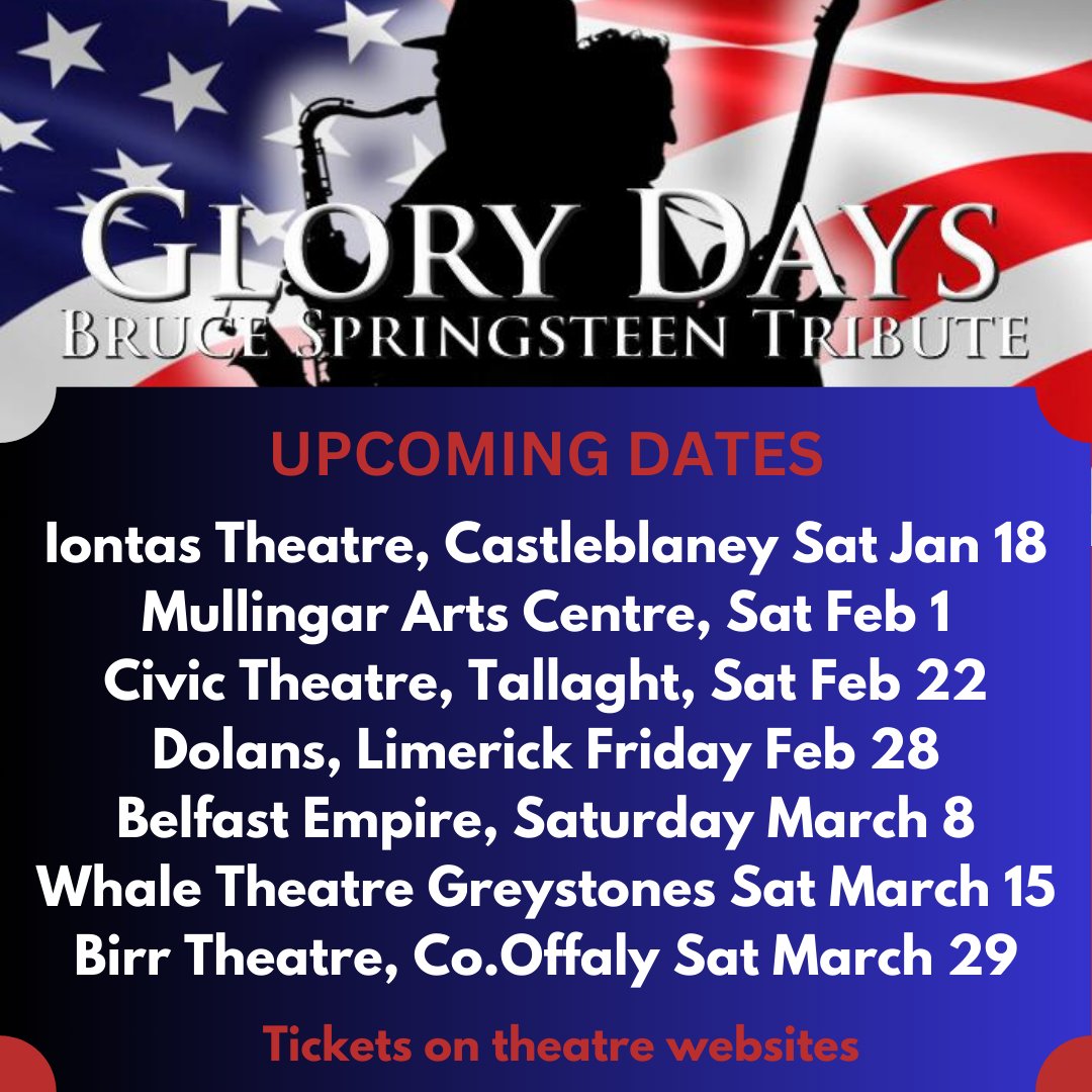 AOKCafe's tweet image. Here are some of Glory Days 2025 dates, bringing the sounds of Bruce Springsteen to Irish Theatres.  If you know a venue owner or festival organiser who might be interested, we have dates free in the summer.  #springsteen #springsteenfans #tributeband #ireland