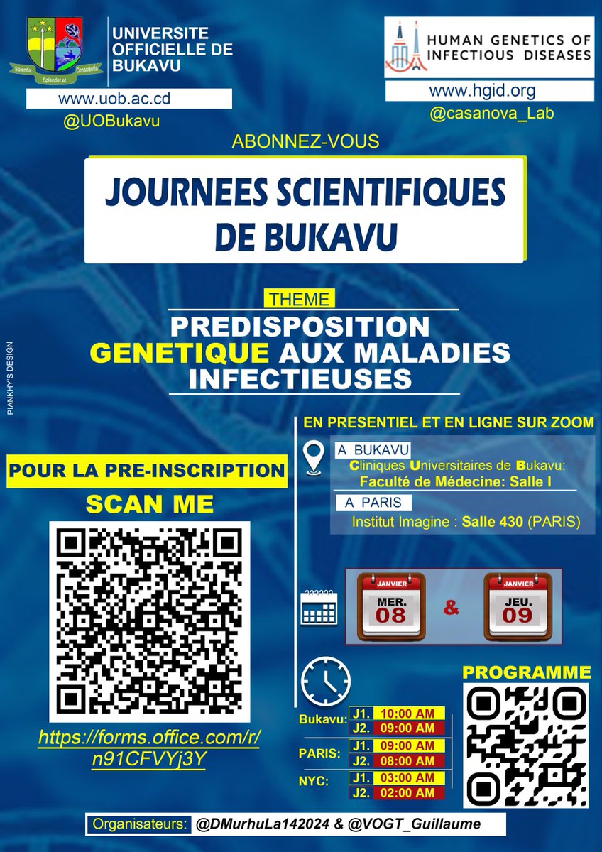 Casanova Lab (@casanova_lab) on Twitter photo 📢Join the Bukavu Scientific Days 🧬
📅Jan 8-9, 2025
🌍Genetic predisposition to infectious diseases
📍On-site in Bukavu & Paris or Zoom (register for link)
Organizers: <a href="/UOBukavu/">UOB-Université Officielle de Bukavu</a>, <a href="/casanova_lab/">Casanova Lab</a>, @DMurhuLa142024 & <a href="/VOGT_Guillaume/">Guillaume VOGT</a>
#Science #Health #Genetics #Disease #Infectious 📢Join the Bukavu Scientific Days 🧬
📅Jan 8-9, 2025
🌍Genetic predisposition to infectious diseases
📍On-site in Bukavu & Paris or Zoom (register for link)
Organizers: <a href="/UOBukavu/">UOB-Université Officielle de Bukavu</a>, <a href="/casanova_lab/">Casanova Lab</a>, @DMurhuLa142024 & <a href="/VOGT_Guillaume/">Guillaume VOGT</a>
#Science #Health #Genetics #Disease #Infectious