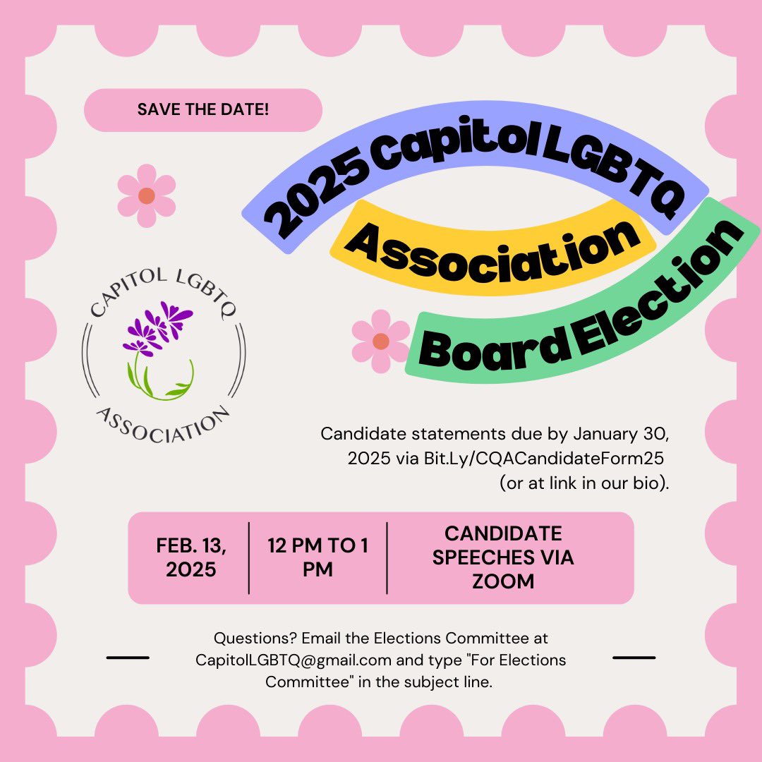 Interested in running for a position on the 2025 Board of Directors?🏳️‍🌈🏳️‍⚧️

Candidate form submissions and statements are due by 5 PM Thursday, January 30th. Sign up forms and information about running can be found at bit.ly/CQACandidateFo… or the link in our bio.
