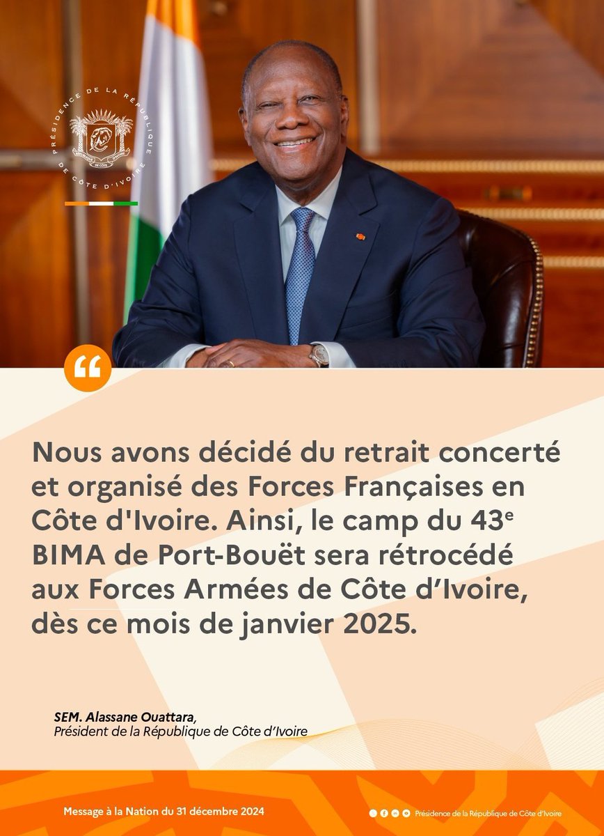 nanana365media's tweet image. ...redefinition of the defense agreement with France. Speaking to the Nation on Dec. 31, Mr. Ouattara said that after 10 years of modernization of the #FACI, which made it possible to strengthen their operational and logistical capacities, a new era of cooperation is beginning.