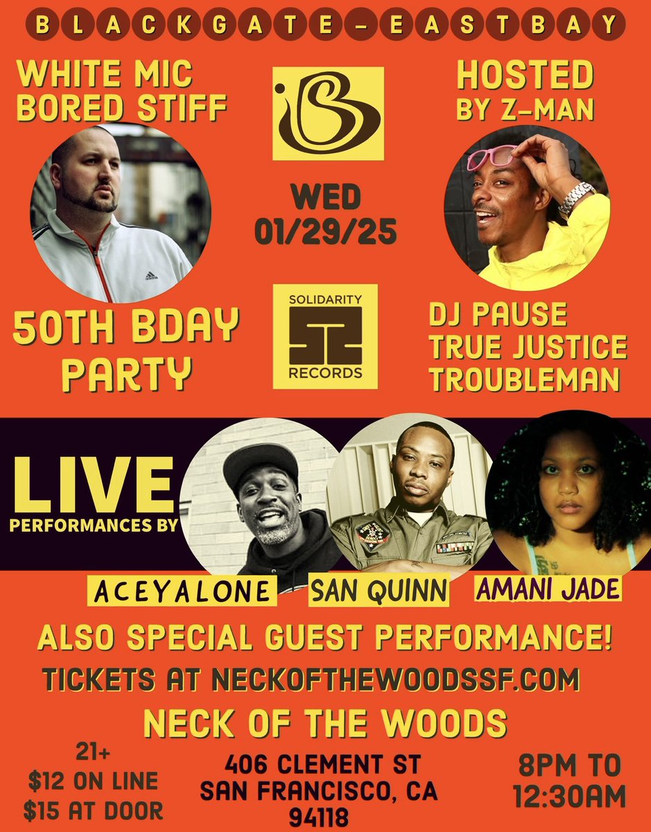 White Mic from Bored Stiff (<a href="/BoredStiff415/">WhiteMic</a>) 50th bday party in SF Jan 29th 2025 @ Neck Of The Woods! Hosted by <a href="/Zmantheoriginal/">Z-MAN</a> Performances by <a href="/Aceyalone/">Aceyalone</a> <a href="/SanQuinn/">San Quinn</a> <a href="/amanijademc/">Amani Jade</a> &amp; a very special surprise guest! <a href="/djtruejustice/">djtruejustice</a> <a href="/troubleman415/">TRBLMN</a> #DjPause  ticketweb.com/event/white-mi…