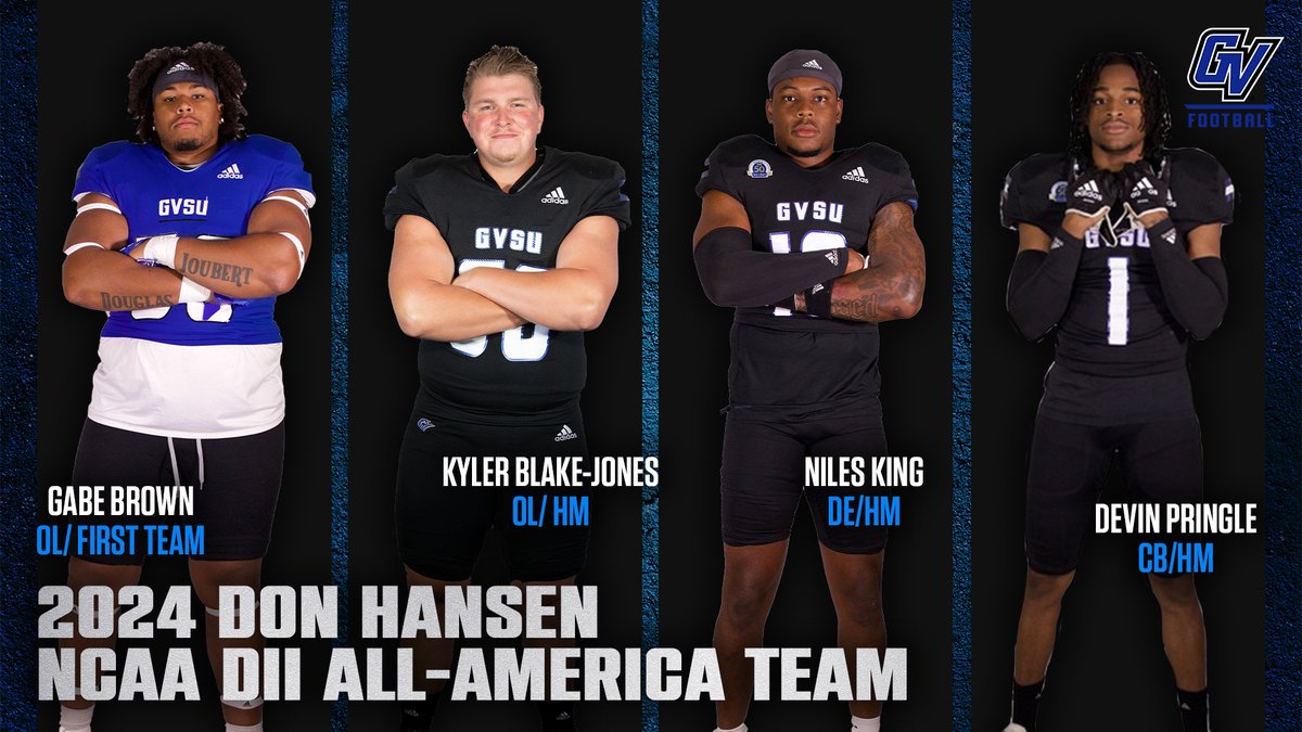 Congrats to Don Hansen DII Football All-Americans. OL Gabe Brown 1st Team...OC Kyler Blake-Jones, DL Niles King, CB Devin Pringle Honorable Mention. #AnchorUp