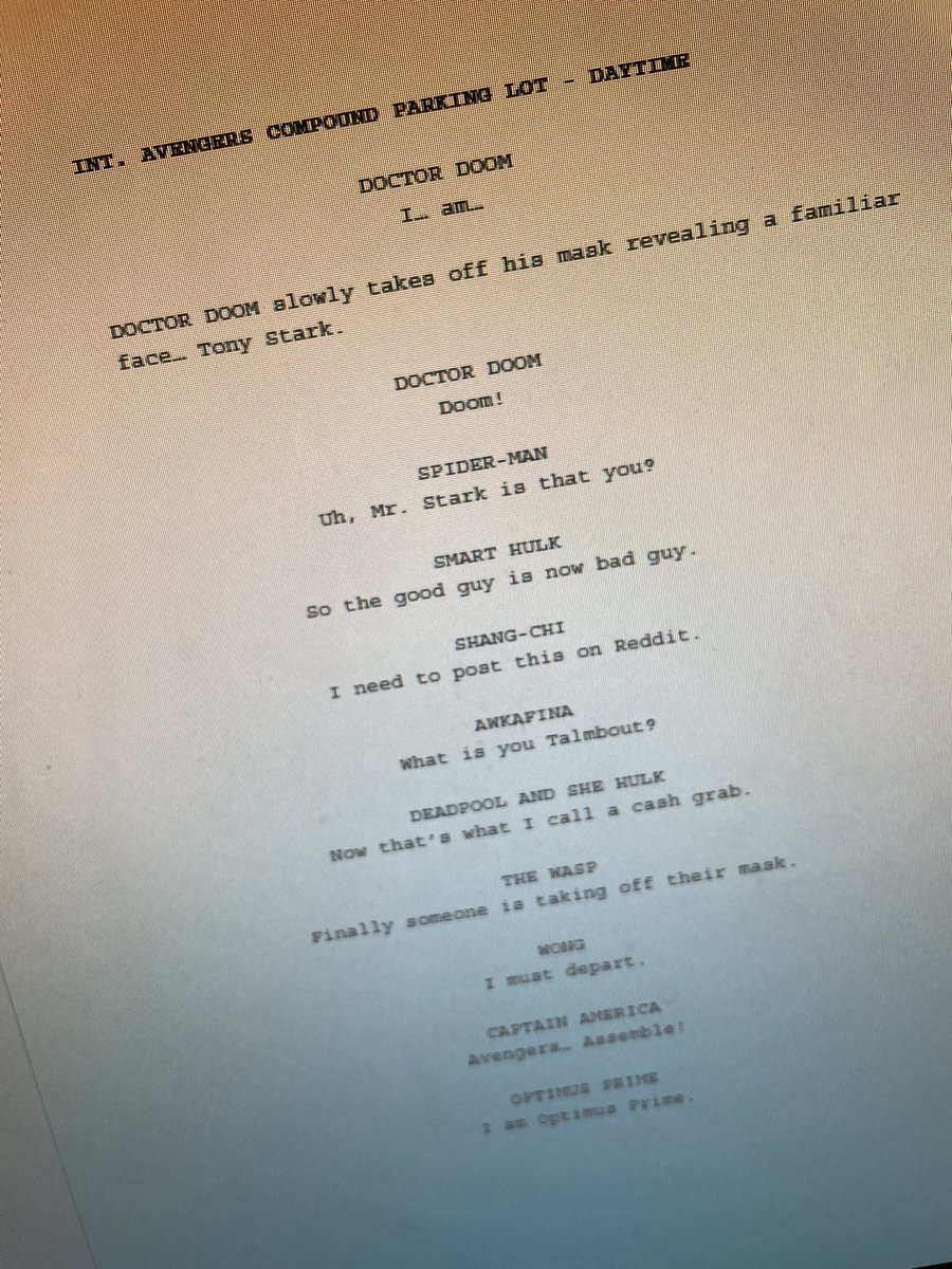 This leaked page from the Avengers Doomsday script is perfect