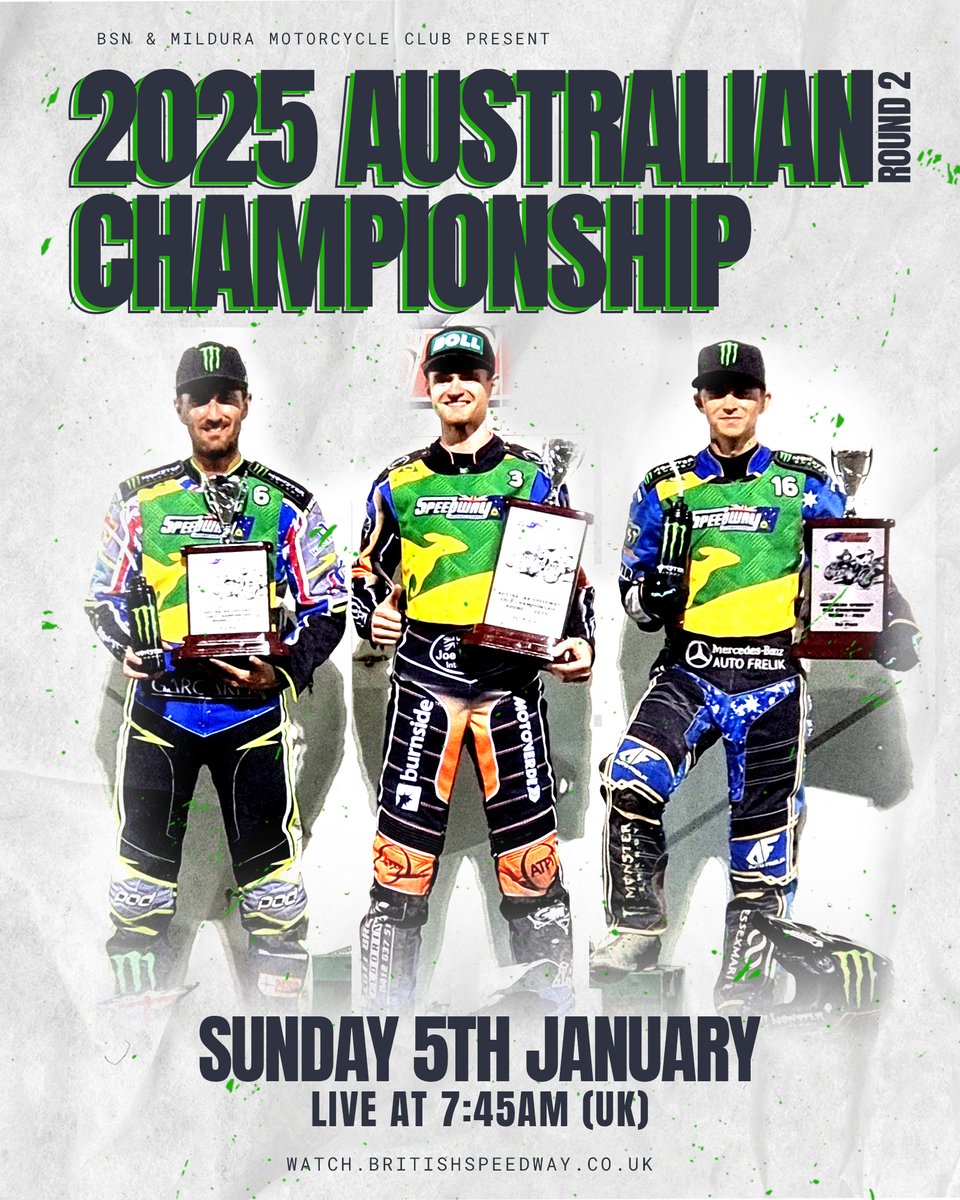 British Speedway Network (@watchspeedway) on Twitter photo ๐จ ๐๐๐๐ ๐๐ ๐ฝ๐๐ ๐๐๐๐ ๐๐๐๐ฟ๐ผ๐!
Round 2๏ธโฃ of the Australian Solo Championship goes live on BSN from Mildura this Sunday. Tapes up at 8.30am (UK)!
โฐ Live @ 7.45am (UK)
๐บ ๐๐๐๐๐ผ๐ ๐ bit.ly/AUChampsR2
Round 1๏ธโฃ results here ๐ bit.ly/bsnnews251 ๐จ ๐๐๐๐ ๐๐ ๐ฝ๐๐ ๐๐๐๐ ๐๐๐๐ฟ๐ผ๐!
Round 2๏ธโฃ of the Australian Solo Championship goes live on BSN from Mildura this Sunday. Tapes up at 8.30am (UK)!
โฐ Live @ 7.45am (UK)
๐บ ๐๐๐๐๐ผ๐ ๐ bit.ly/AUChampsR2
Round 1๏ธโฃ results here ๐ bit.ly/bsnnews251