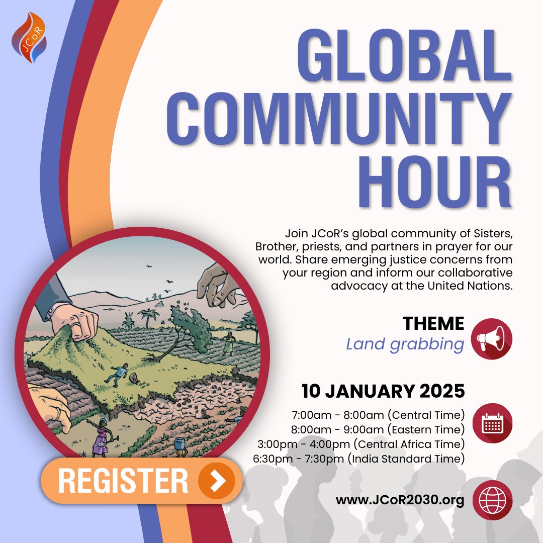 JCoR (Justice Coalition of Religious) (@jcor2030) on Twitter photo 🌍You're invited to JCoR's Global Community Hour on Friday, 10 January!🌏
The theme for this month is land grabbing.
🗣️Interpretation provided in English, Spanish, Portuguese, and French
Details & Register: jcor2030.org/january-global… 🌍You're invited to JCoR's Global Community Hour on Friday, 10 January!🌏
The theme for this month is land grabbing.
🗣️Interpretation provided in English, Spanish, Portuguese, and French
Details & Register: jcor2030.org/january-global…