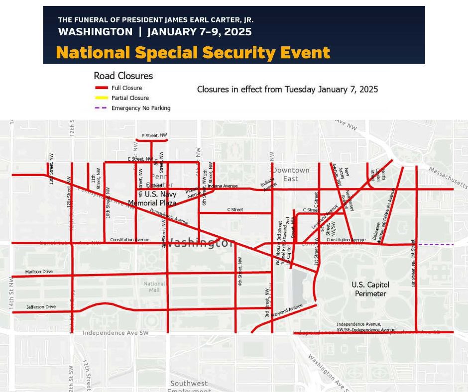 Fence will be going up soon + road closures. Huge impact for bus routes &amp; access. Here’s your maps for January 6th Electoral Count &amp; then January 7-9 for President Carter funeral.

And if there’s ❄️ on Monday the 6th, Capitol Grounds will be closed to 🛷 due to the Jan 6 security