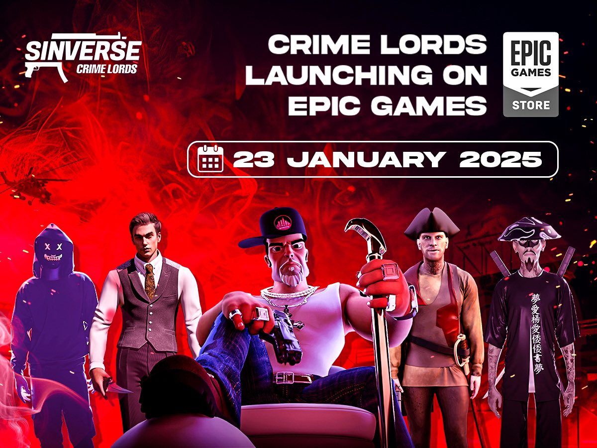 TheSinVerse's tweet photo. “SinVerse: Crime Lords" is leveling up.

On January 23, 2025, we bring the mafia metaverse to the Epic Games Store, introducing blockchain-powered crime to millions.

But that’s just the start. 👀

🧵 Read on for more... https://t.co/pklV4nDIgf