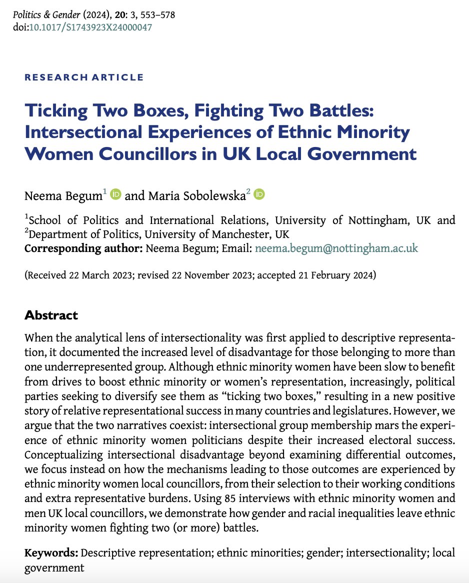Politics & Gender (@politicsgenderj) on Twitter photo 📢New issue of #PAG20 is out!📢
<a href="/NeemaBegum/">Dr Neema Begum 🍉</a> & <a href="/ProfSobolewska/">Maria Sobolewska 🇺🇦</a> interview ethnic minority local councillors in the 🇬🇧 to understand the intersectional disadvantages they face in "Ticking Two Boxes, Fighting Two Battles"
🌟Available #OpenAccess 🌟
cambridge.org/core/journals/… 📢New issue of #PAG20 is out!📢
<a href="/NeemaBegum/">Dr Neema Begum 🍉</a> & <a href="/ProfSobolewska/">Maria Sobolewska 🇺🇦</a> interview ethnic minority local councillors in the 🇬🇧 to understand the intersectional disadvantages they face in "Ticking Two Boxes, Fighting Two Battles"
🌟Available #OpenAccess 🌟
cambridge.org/core/journals/…