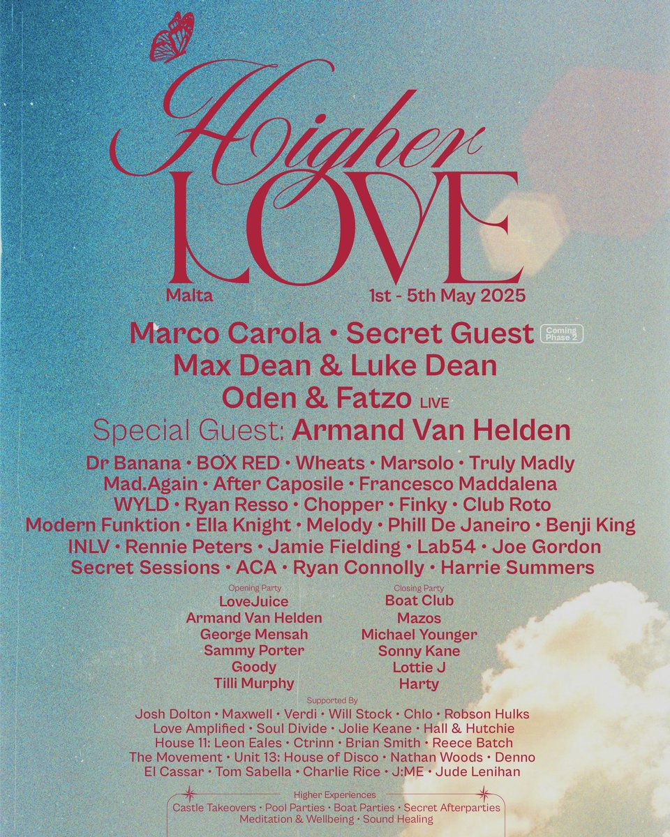 wearehigherlove's tweet photo. RT to win a HOLIDAY for 4 to our Summer Festival in Malta with this incredible line up 👀 on Bank Holiday 1st - 5th May 2025

Sign up now: https://t.co/pXEbs4wegb https://t.co/aH21qjAbWe