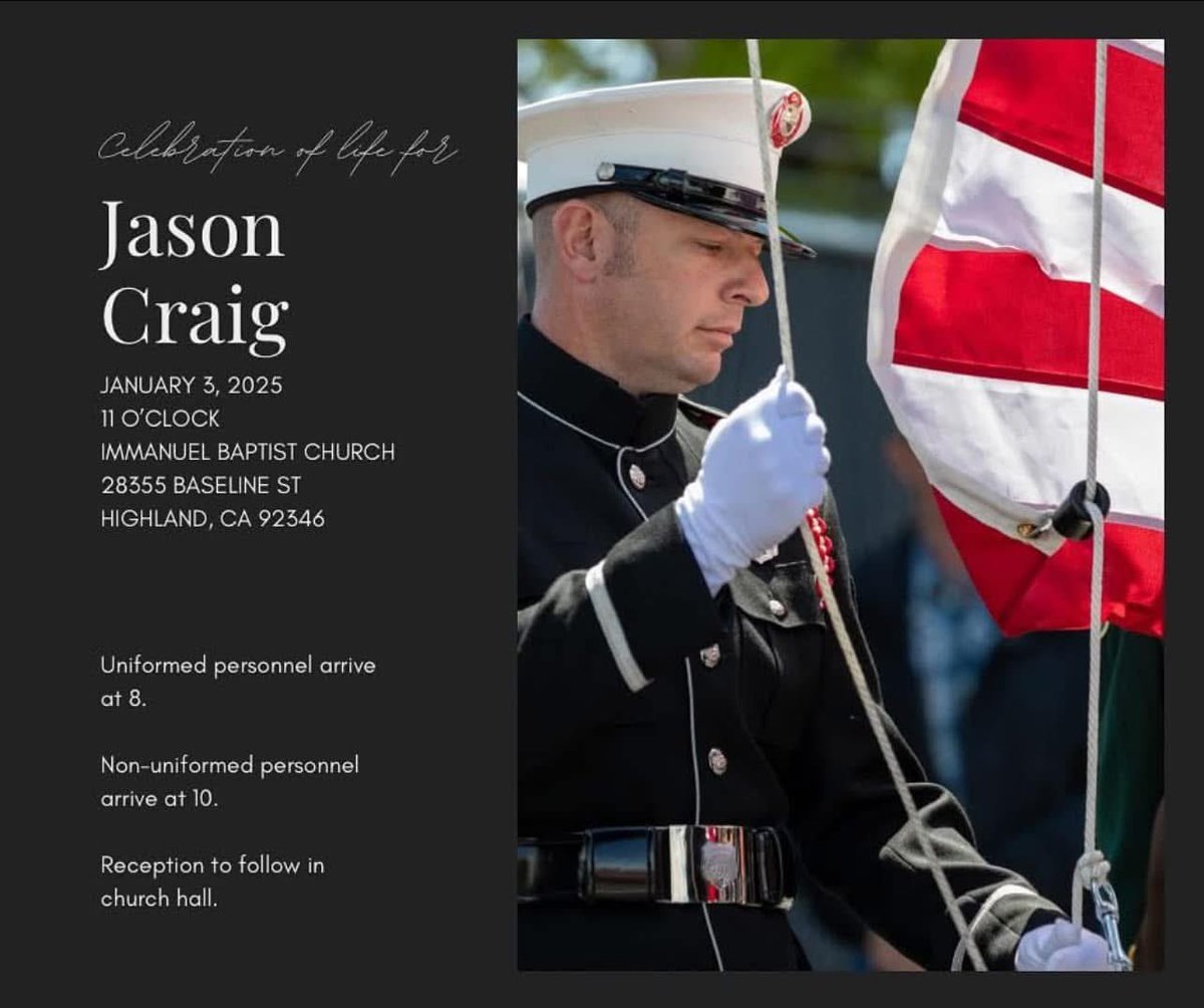 thecadhound's tweet photo. Celebration of Life for Fire Captain Jason Craig at Immanuel Baptist Church in Highland. Fire Captain Jason Craig of CalFire passed away off duty on December 16, 2024. #JasonCraig #CalFire #ThankYou #Highland https://t.co/Gy6HJ5bfhg