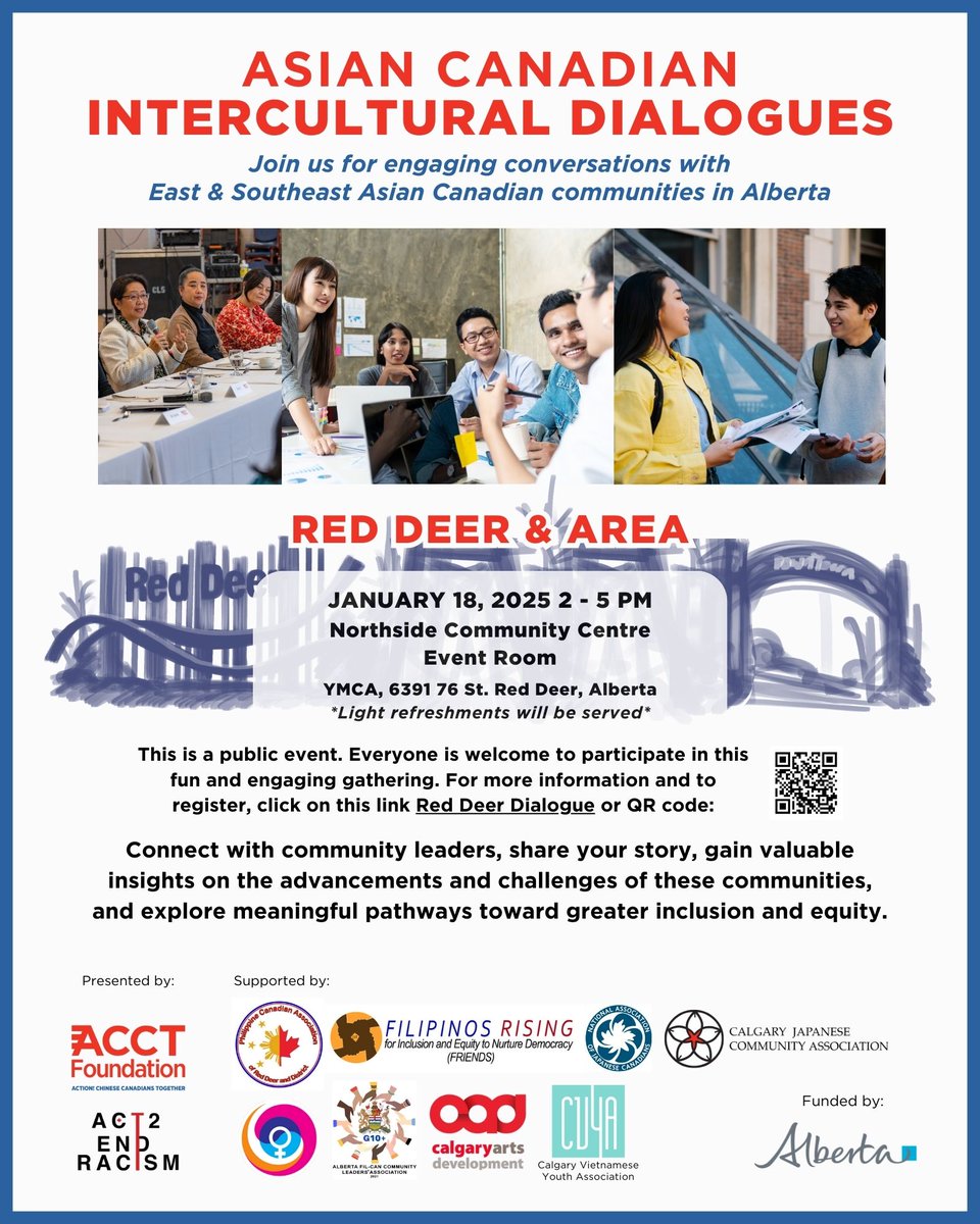 🌏 Asian Canadian Intercultural Dialogues
📅 Jan 18, 2025 | ⏰ 2–5 PM
📍 Northside Community Centre, Red Deer, AB
Join us for talks with East &amp; SE Asian Canadian leaders! Free event + refreshments.
🔗 Register: bit.ly/3VRB9B6