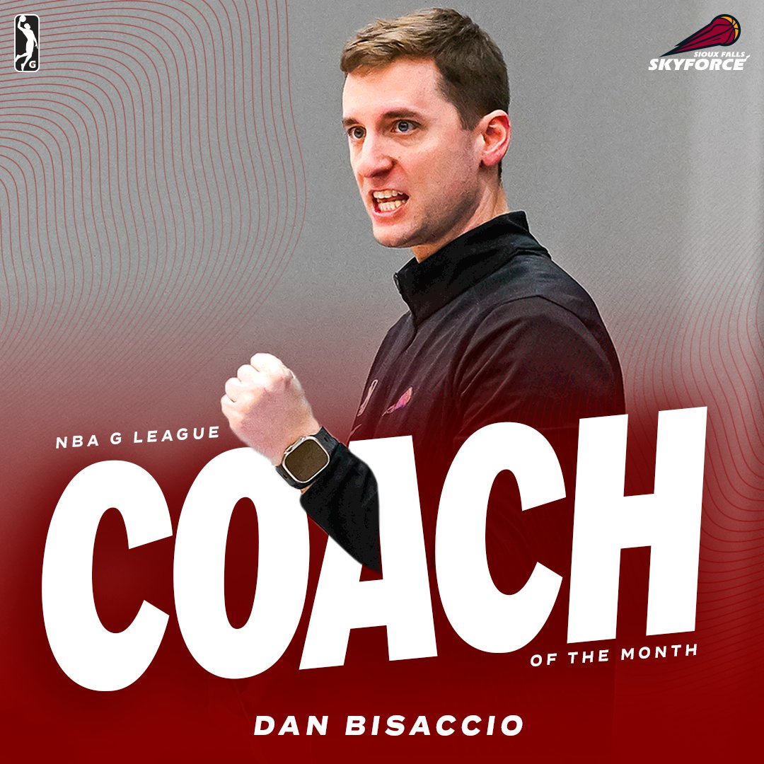 Sioux Falls Skyforce (@sfskyforce) on Twitter photo Congrats, Coach 👏
First year head coach Dan Bisaccio has been named <a href="/nbagleague/">NBA G League</a> Coach of the Month for December as he guided the Skyforce to an 8-3 record and helped the team earn their first bid to the Showcase Cup tournament. Congrats, Coach 👏
First year head coach Dan Bisaccio has been named <a href="/nbagleague/">NBA G League</a> Coach of the Month for December as he guided the Skyforce to an 8-3 record and helped the team earn their first bid to the Showcase Cup tournament.