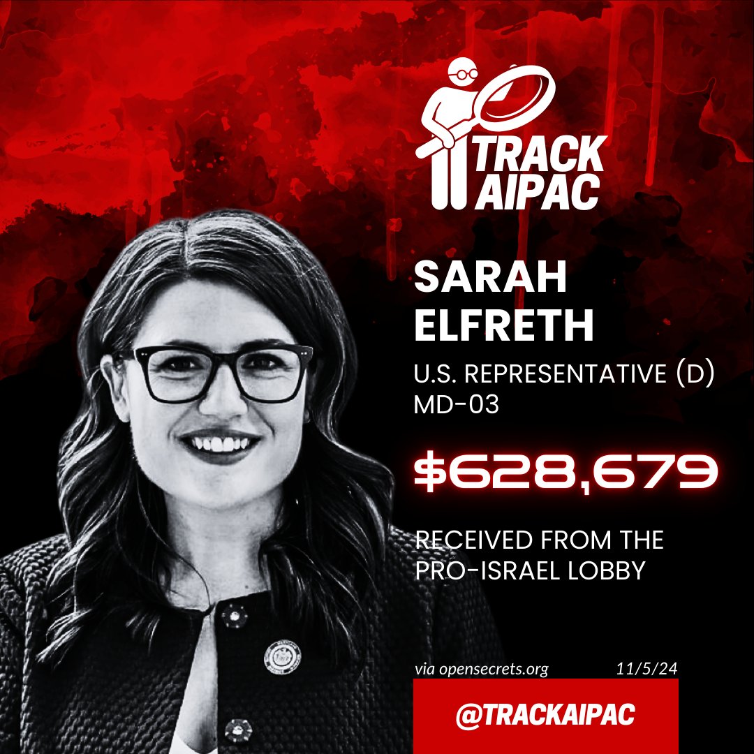<a href="/SarahForMD/">Sarah Elfreth</a> Rep. Sarah Elfreth begins her first term in Congress with a whopping Israel Lobby total of $628,000+ thanks to AIPAC fueling her campaign. #MD03 #BribedByAIPAC 
x.com/SarahForMD/sta…