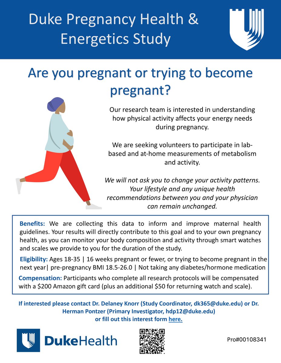 Please RT! Are you pregnant or planning to become pregnant in the next year? I am recruiting participants for a research study with <a href="/HermanPontzer/">Herman Pontzer</a>  investigating the energetic demands of pregnancy. Email me/see flyer for more details. (Pro00108341).