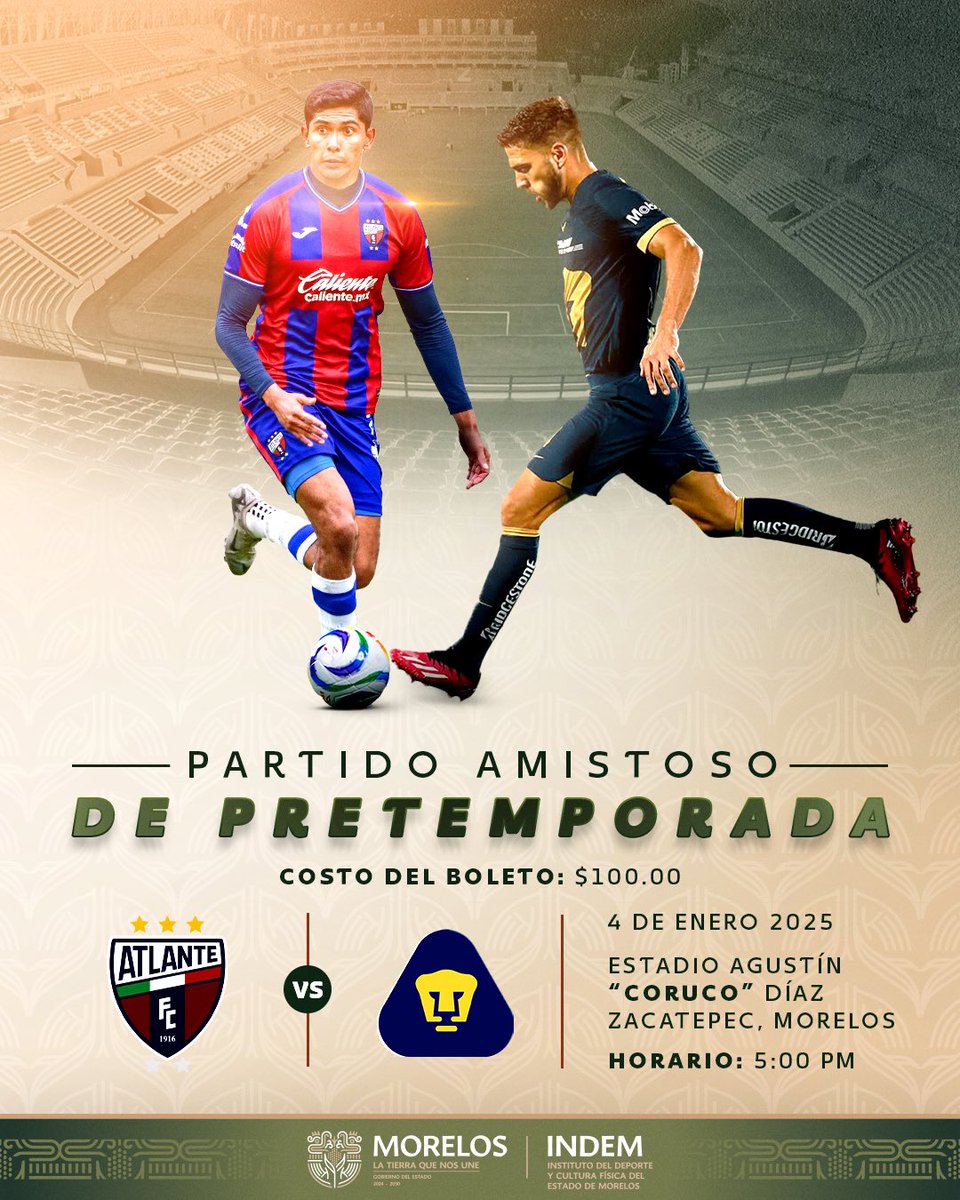 🟩  Mañana 4 de enero, no te pierdas el emocionante enfrentamiento entre AtlanteFC y Pumas MX en el estadio Agustín "Coruco" Díaz a las 5:00 PM. Ven a vivir la emoción del fútbol profesional y acompáñanos a hacer vibrar #Morelos ⚽

#LaTierraQueNosUne #UNIDOSXELFUTBOL