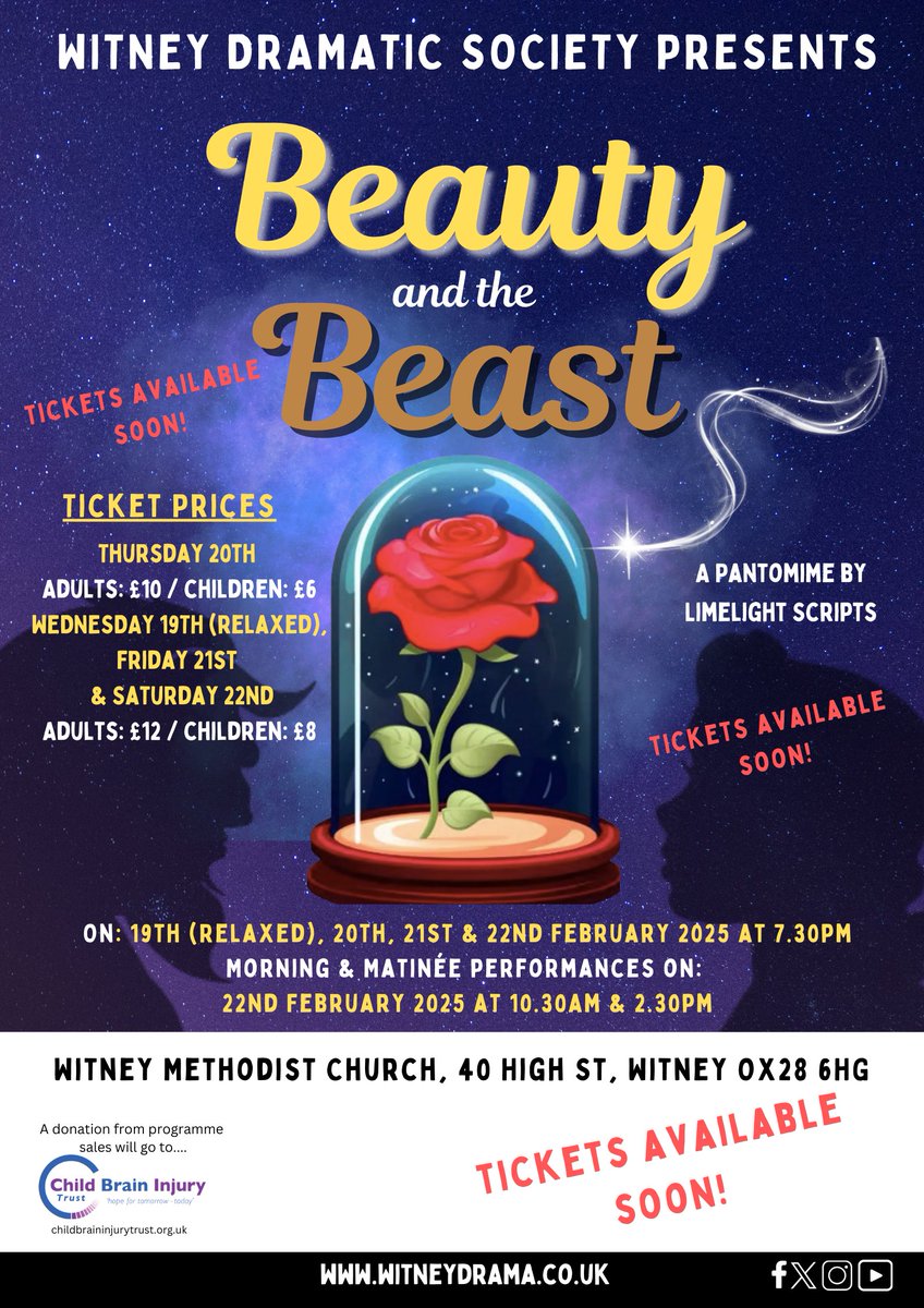 Tickets available soon online and from Truck Music Store, Witney!

Don’t miss our production of ‘Beauty and the Beast’. It’s the perfect treat for the whole family, a laugh-out-loud, feel-good pantomime that will have you cheering for love and booing the baddies!