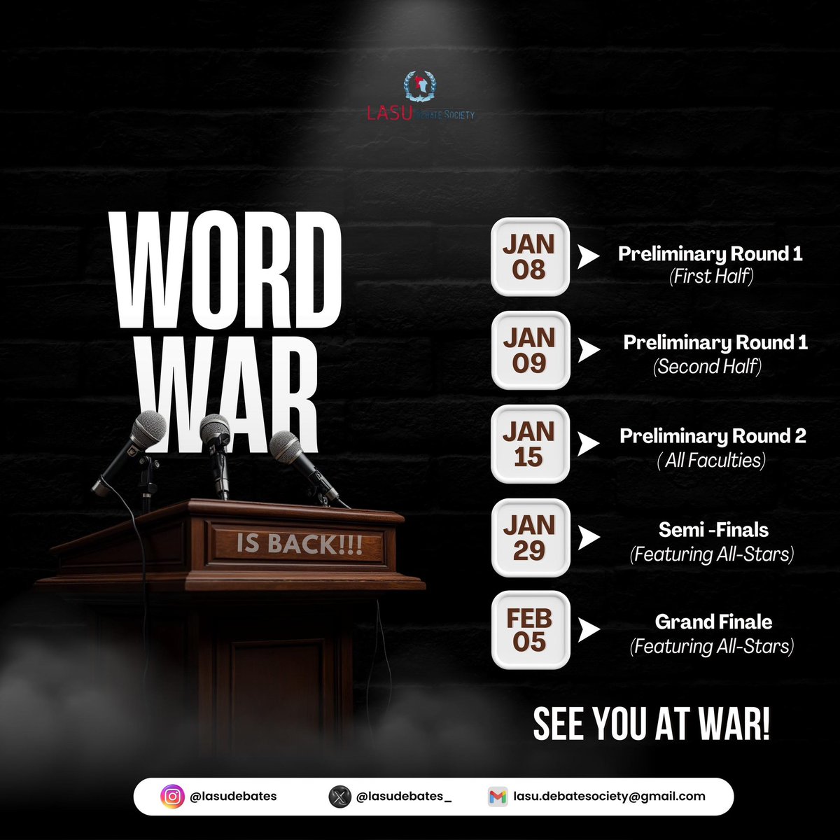 Lasudebates's tweet photo. The ultimate battle of words is here! ๐ฃ๏ธ๐ฅ
Join us for Word War as we crown the debate champions of LASU.
Let the debates begin! ๐
#WordWar #LASUDebates https://t.co/OQW9MIwOJZ