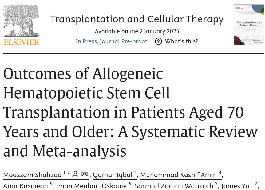Moazzam Shahzad, MD (@mshahzadmd) on Twitter photo Excited to share our first 2025 publication addressing a critical gap by exploring allo-HCT outcomes in geriatric patients, a historically underrepresented group in clinical trials due to toxicity and mortality concerns. <a href="/ASTCT_Journal/">Transplantation and Cellular Therapy Journal</a> <a href="/MoffittNews/">Moffitt Cancer Center</a> sciencedirect.com/science/articl… Excited to share our first 2025 publication addressing a critical gap by exploring allo-HCT outcomes in geriatric patients, a historically underrepresented group in clinical trials due to toxicity and mortality concerns. <a href="/ASTCT_Journal/">Transplantation and Cellular Therapy Journal</a> <a href="/MoffittNews/">Moffitt Cancer Center</a> sciencedirect.com/science/articl…