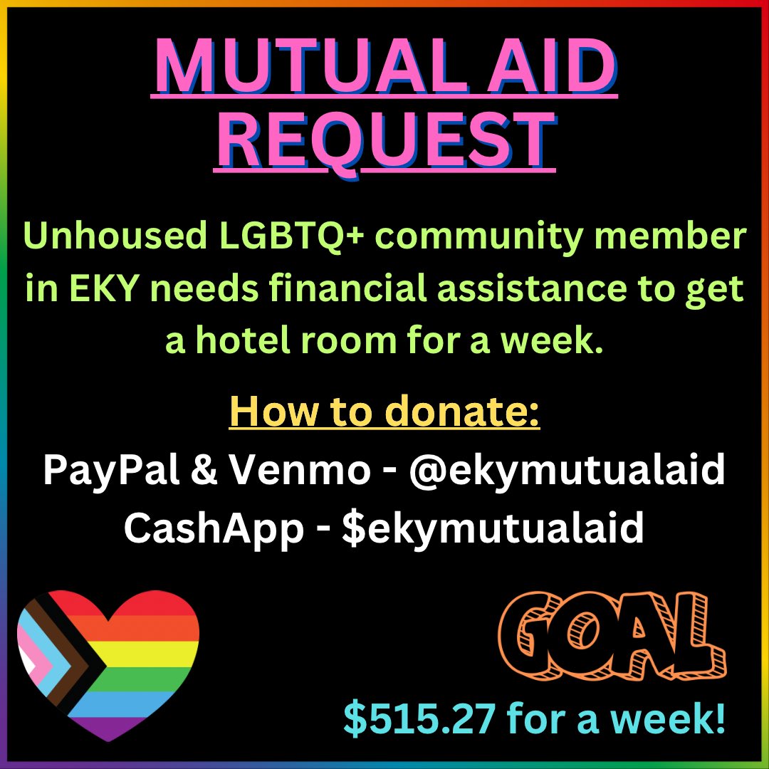 PikevillePride (@pikevillepride) on Twitter photo 🚨URGENT MUTUAL AID REQUEST🚨 unhoused LGBTQ+ needs hotel room for week. We’re working on lining out additional resources. Please donate & share! <a href="/ekymutualaid/">eKy mutual aid</a> 🚨URGENT MUTUAL AID REQUEST🚨 unhoused LGBTQ+ needs hotel room for week. We’re working on lining out additional resources. Please donate & share! <a href="/ekymutualaid/">eKy mutual aid</a>