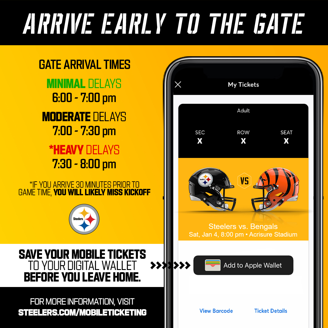 AcrisureStadium's tweet image. We’re asking fans to arrive early &amp;amp; prepared for Saturday’s #Steelers game!

Have your mobile tickets downloaded to your digital wallet &amp;amp; transfer tickets to your guests so everyone has their own ticket saved to their mobile device.

More details: bit.ly/3paZSQn