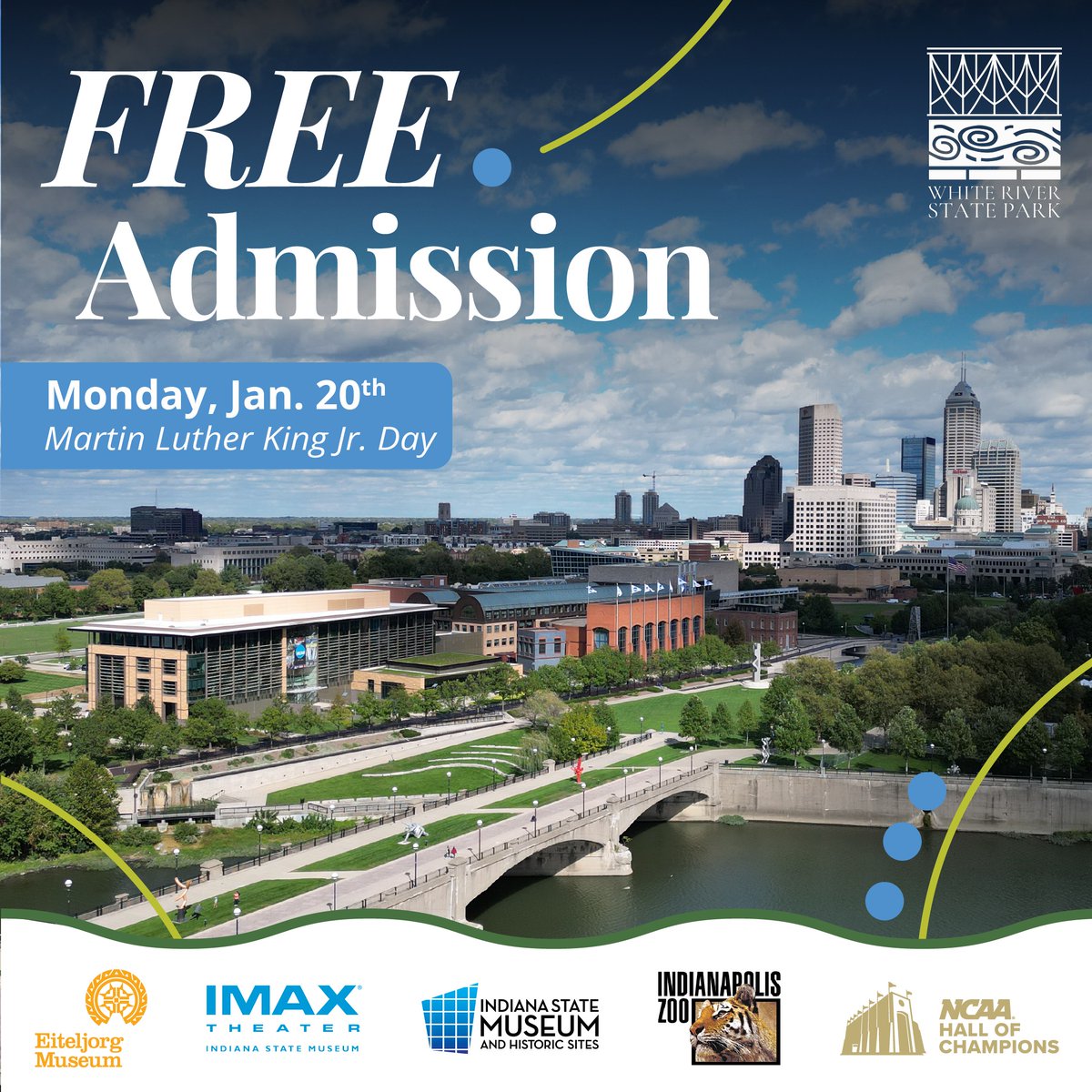 White River State Park🌿 (@whiteriverstprk) on Twitter photo FREE admission on Martin Luther King Jr Day, Jan. 20!
Explore White River State Park attractions for free and raise money for <a href="/gleanersfbindy/">Gleaners Food Bank of Indiana</a>!
FREE admission to <a href="/EiteljorgMuseum/">Eiteljorg Museum</a>, <a href="/IndianaMuseum/">Indiana State Museum and Historic Sites</a>, <a href="/IndianapolisZoo/">Indianapolis Zoo</a>, and NCAA Hall of Champions! FREE admission on Martin Luther King Jr Day, Jan. 20!
Explore White River State Park attractions for free and raise money for <a href="/gleanersfbindy/">Gleaners Food Bank of Indiana</a>!
FREE admission to <a href="/EiteljorgMuseum/">Eiteljorg Museum</a>, <a href="/IndianaMuseum/">Indiana State Museum and Historic Sites</a>, <a href="/IndianapolisZoo/">Indianapolis Zoo</a>, and NCAA Hall of Champions!