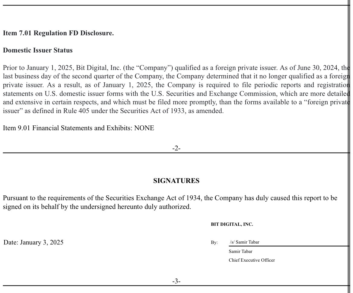 maxxTFSA's tweet photo. $BTBT

Sec filing today shows that @BitDigital_BTBT will indeed be classified as Domestic vs previously a Foreign Private Issuer.

Changes in effect January 1, 2025.

Great news 👍 https://t.co/k0WjqYq9fh