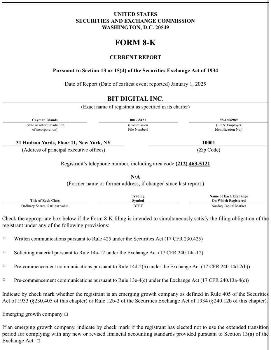 maxxTFSA's tweet photo. $BTBT

Sec filing today shows that @BitDigital_BTBT will indeed be classified as Domestic vs previously a Foreign Private Issuer.

Changes in effect January 1, 2025.

Great news 👍 https://t.co/k0WjqYq9fh