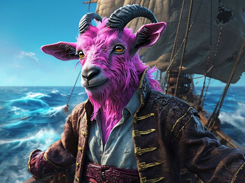 CannaChickOG's tweet image. Ahoy, me mateys, hear the tale of the Pink Goat, A pirate captain, with a coat of #PinkPerfection! Hoisting sails o'er the Sea of "X", so vast and wide, With a #GoatGang crew, no adventure denied.
Through #CryptoCurrents and #NFTWaves they glide, The Pink Goat, fearless, with a