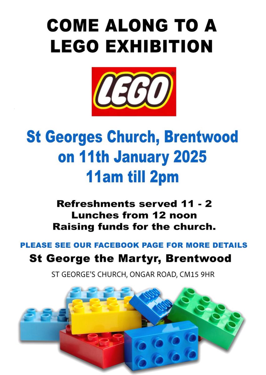 stgeorges_bwd's tweet image. Need something to do in January! Bring the whole family along to our Lego Day on 11th. Lots of Lego creations to view, stalls to browse and yummy refreshments and lunch!!! Free entry!
