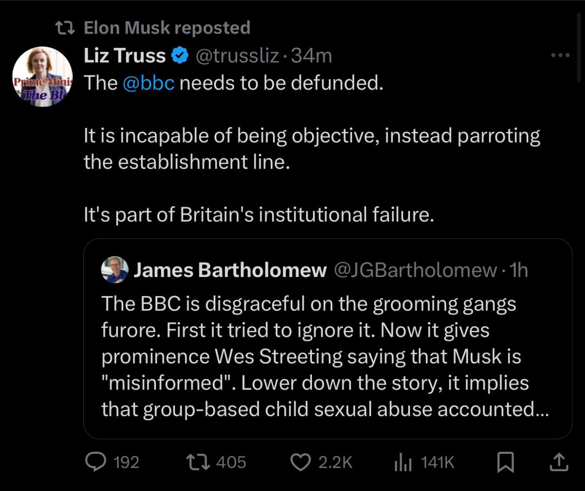 FixGreatBritain's tweet photo. Elon Musk retweeting Liz Truss’ (former MP) message to..

“Defund the BBC”

This community is getting bigger and bigger.

Britain WILL be fixed!🇬🇧 https://t.co/GbL3Sg2ZQt