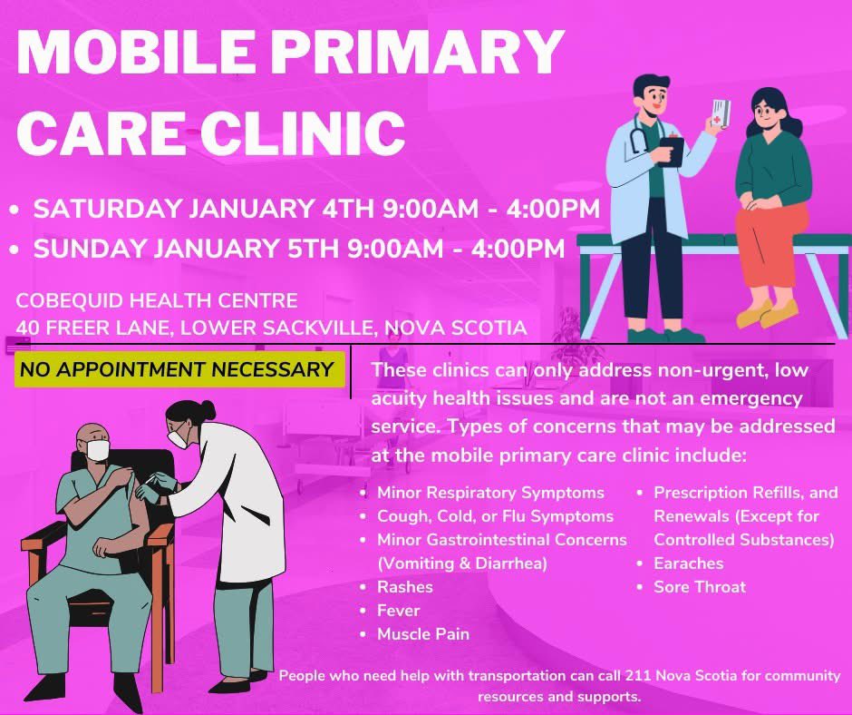 Steve Craig (@stevecraigns) on Twitter photo From <a href="/CobequidFound/">Cobequid Foundation</a> Facebook - The Mobile Primary Care Clinic is back at Cobequid this weekend!
Make sure to bring your Health Card!
For more information on Mobile Primary Care Clinics, please visit:
nshealth.ca/mobileprimaryc…
#mobileprimarycare From <a href="/CobequidFound/">Cobequid Foundation</a> Facebook - The Mobile Primary Care Clinic is back at Cobequid this weekend!
Make sure to bring your Health Card!
For more information on Mobile Primary Care Clinics, please visit:
nshealth.ca/mobileprimaryc…
#mobileprimarycare