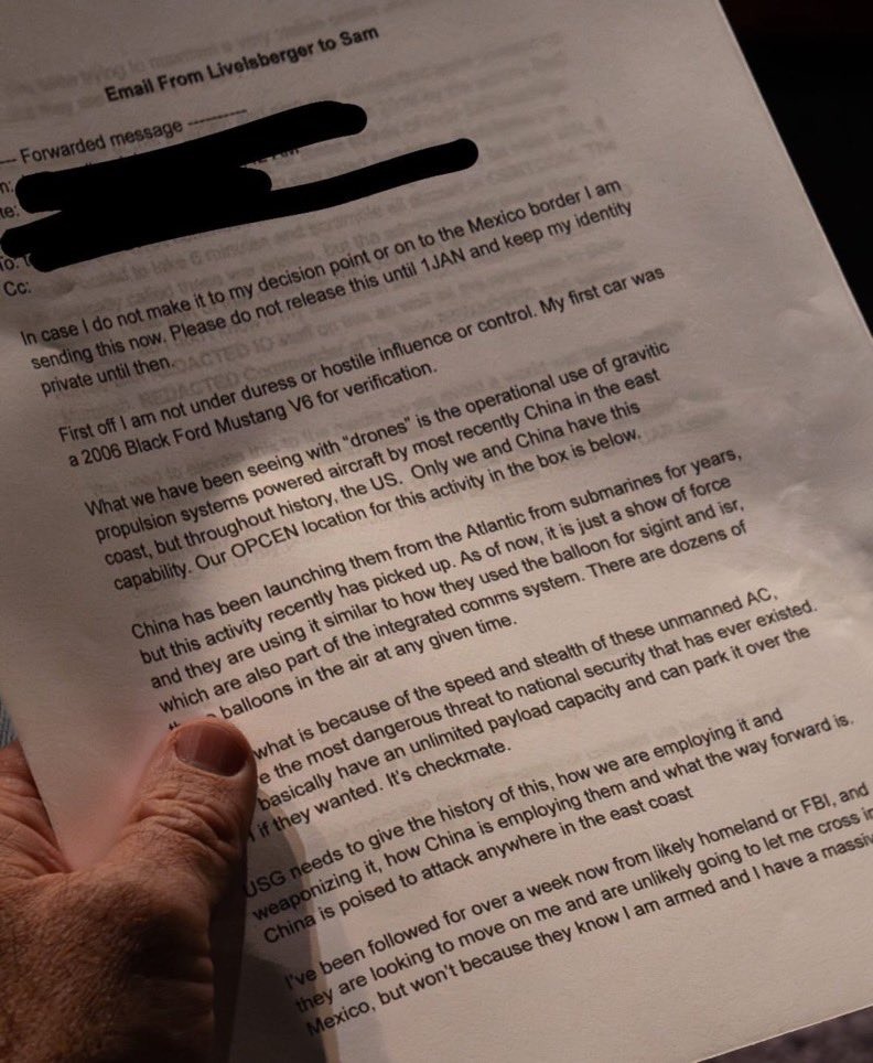 Watching the <a href="/ShawnRyan762/">Shawn Ryan</a> Show with <a href="/samosaur/">Shoe</a> 
 to see all the details behind this document as I'm posting this but this is an email from MSG Livelsberger sent to Sam.  

An important note on the info here - MSG Livelsberger was a Special Forces drone operator...