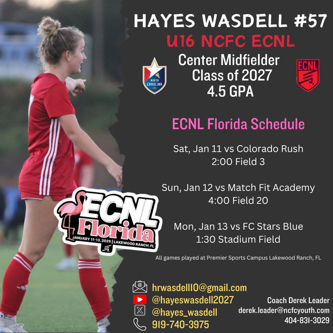 I’m so excited for ECNL Florida!! Hope to see you out there! #ECNLFL 
<a href="/NCFC_Youth/">NCFC Youth</a> <a href="/09G_NCFC_ECNL/">2009 NCFC ECNL Girls</a> <a href="/TopDrawerSoccer/">TopDrawerSoccer</a> <a href="/ImYouthSoccer/">ECNL/GA/Recruiting/College Soccer</a> 

Check out my YouTube channel for highlight reels: youtube.com/@hayeswasdell2…