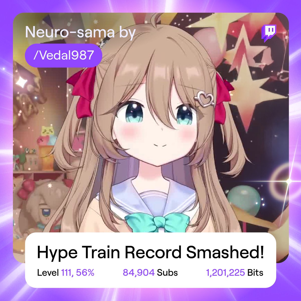 A signature look of superiority indeed.

Give it up for <a href="/Vedal987/">Vedal</a> and everyone's favorite AI, <a href="/NeurosamaAI/">Neuro-sama 💜</a>, for crushing the All-time Hype Train Record. The outpouring of love and support is truly remarkable. Congratulations!