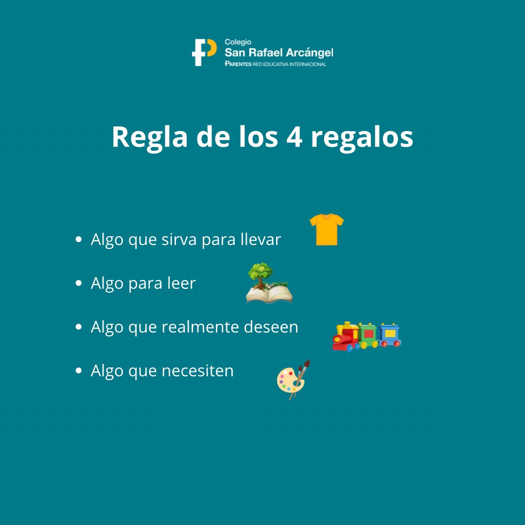 La regla de los 4 regalos nos ayuda a cuidar el equilibrio y enseñar a los más pequeños el valor de cada obsequio:ñ.

¡Porque el mejor regalo siempre será el tiempo que compartimos juntos!

#ColegioSanRafaelMadrid #ParentesRedEducativaInternacional