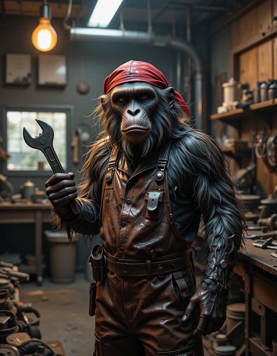 kennyerler's tweet photo. Step into the world of the Monkey Mechanics 🐒🔧—masters of machine and mischief! From tightening bolts to fixing engines, these primate prodigies bring a whole new meaning to monkey business in the workshop. Who’s ready to get their gears turning with this AI-inspired artistry? https://t.co/0Ryxfb0fc4