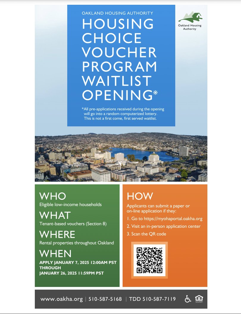 📢 The OHA Housing Choice Voucher (HCV) Program waitlist lottery is open Jan 7–26, 2025! 📢

✅ Free to apply
✅ Lottery selection
✅ Income limits apply

For help, call the assistance hotline at 510-587-5168 or visit: myohaportal.oakha.org

#OaklandHousing #AffordableHousing