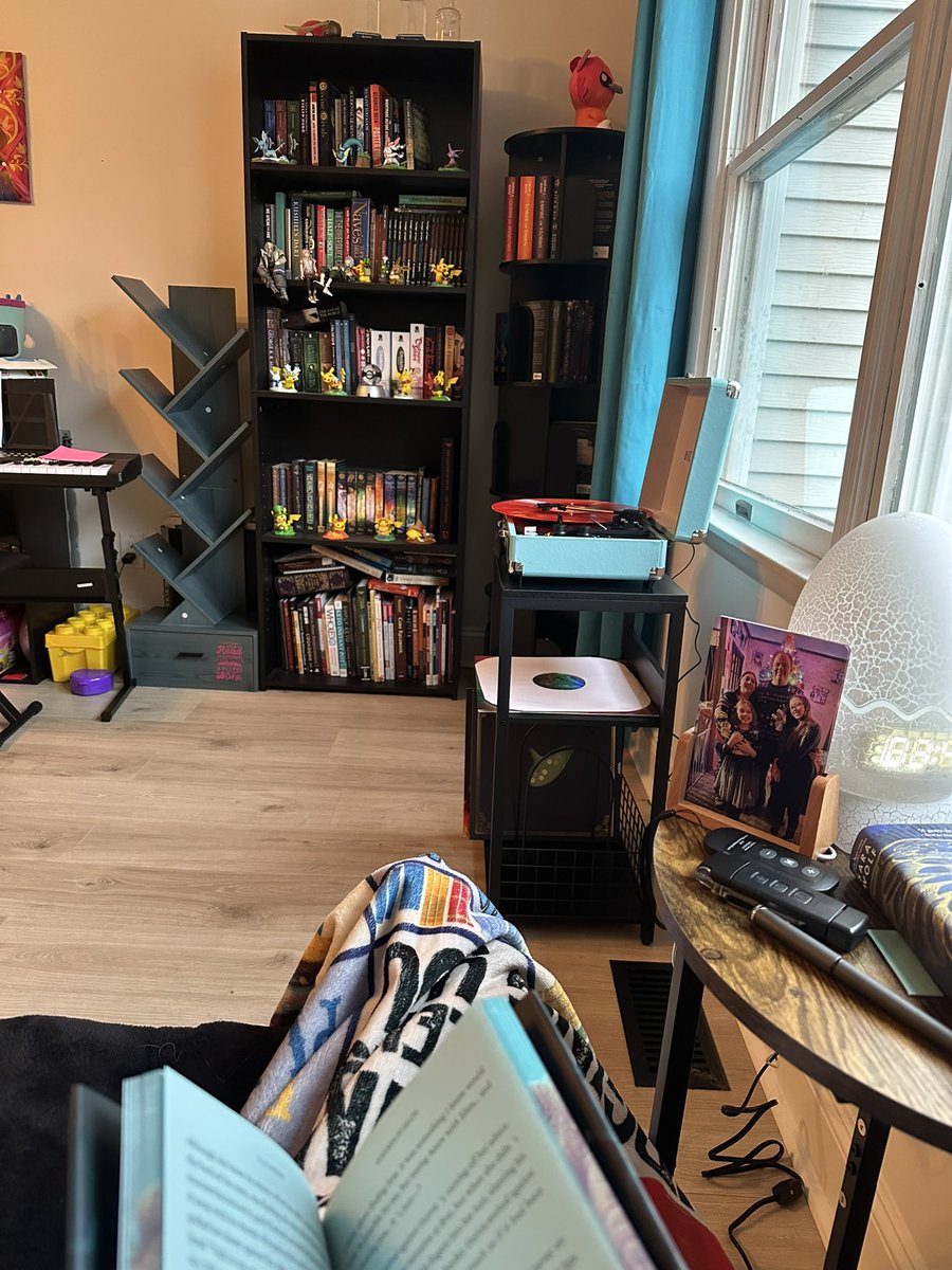 metalsummer's tweet photo. My book nook feels more complete. (Not pictured the second bookshelf behind me that’s almost full.) https://t.co/R2GOZtuQ0x